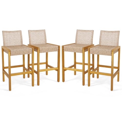 COSTWAY  Set Of 4 Patio Wood Barstools Rattan Bar Height Chairs With Backrest Porch Balcony