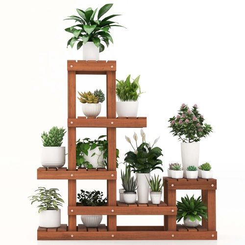 COSTWAY  Multi-Layer Wood Plant Stand Flower Shelf Rack With High Low Structure