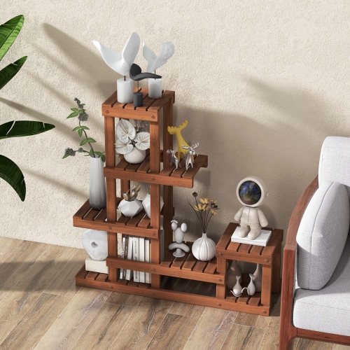 Costway Multi-layer Wood Plant Stand Flower Shelf Rack with High Low Structure