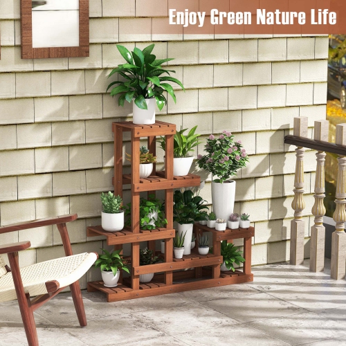 Costway Multi-layer Wood Plant Stand Flower Shelf Rack with High Low Structure