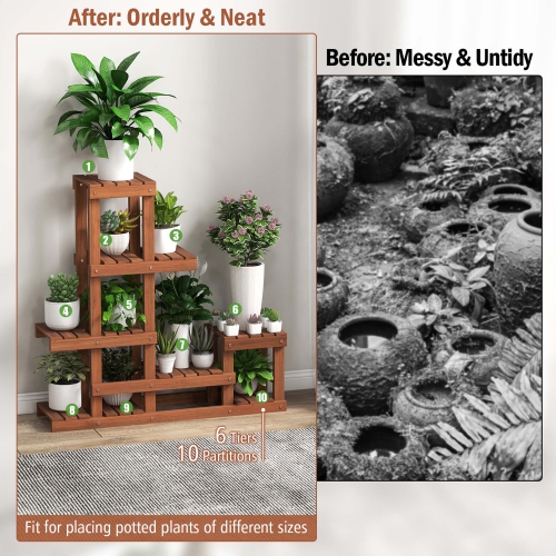 Costway Multi-layer Wood Plant Stand Flower Shelf Rack with High Low Structure