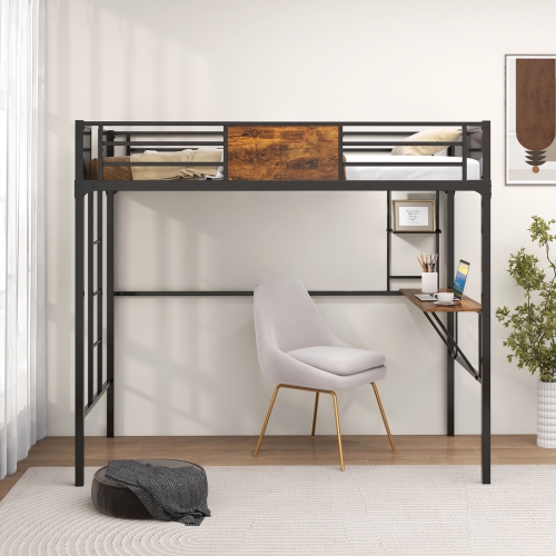Costway Twin Size Loft Bed with Desk & Shelf Safety Guardrail & Ladder Space-Saving