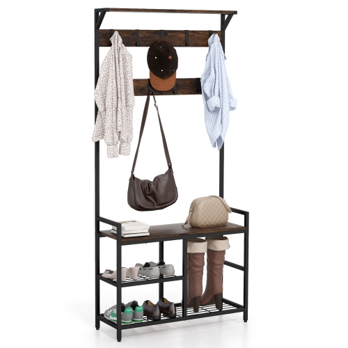 COSTWAY  71" Coat Rack Hall Tree With Shoe Bench Industrial Entryway Storage Shelf With Hooks