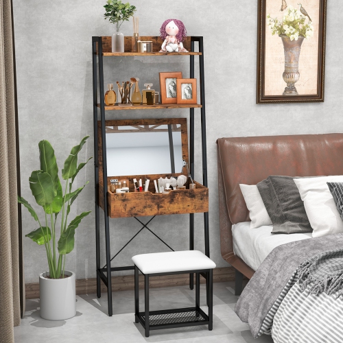 Costway Vanity Table Set Flip Top Mirror Ladder Storage Shelf Cushioned Stool