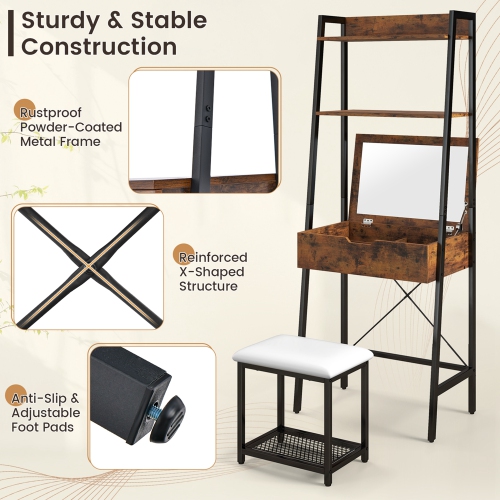 Costway Vanity Table Set Flip Top Mirror Ladder Storage Shelf Cushioned Stool