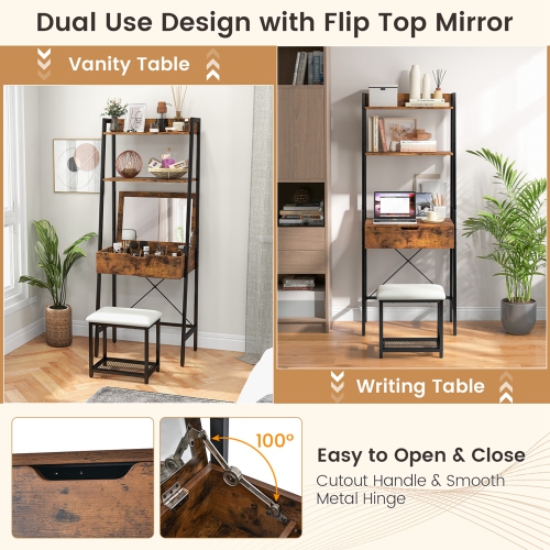 Costway Vanity Table Set Flip Top Mirror Ladder Storage Shelf Cushioned Stool