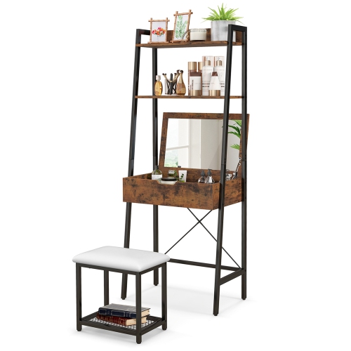 Costway Vanity Table Set Flip Top Mirror Ladder Storage Shelf Cushioned Stool