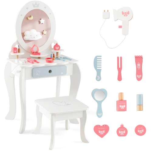COSTWAY  Kids Vanity Set Makeup Table & Chair Sweet Accessories Included Storage Drawer