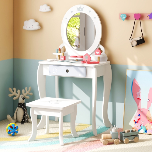 Costway Kids Vanity Set Makeup Table & Chair Sweet Accessories Included Storage Drawer