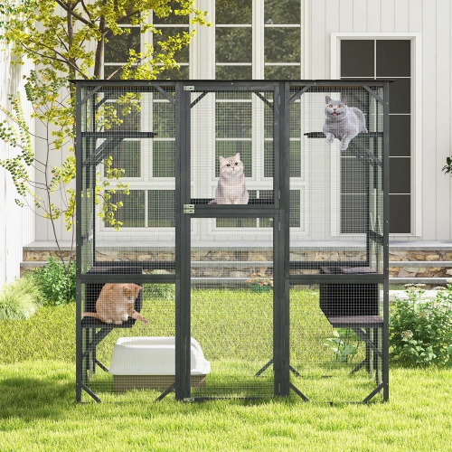 Costway Large Wooden Cat House 71" Indoor Outdoor Weatherproof Catio Kitten Enclosure