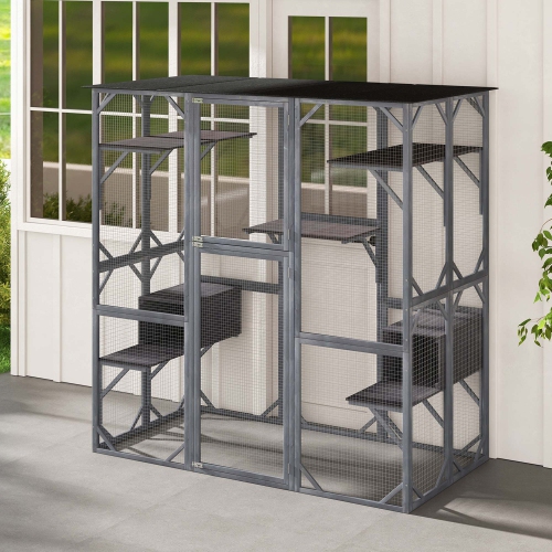 Costway Large Wooden Cat House 71" Indoor Outdoor Weatherproof Catio Kitten Enclosure