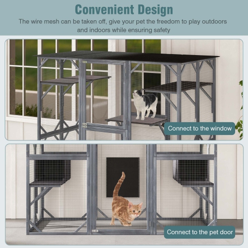 Costway Large Wooden Cat House 71" Indoor Outdoor Weatherproof Catio Kitten Enclosure