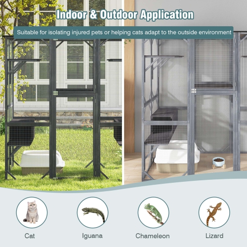 Costway Large Wooden Cat House 71" Indoor Outdoor Weatherproof Catio Kitten Enclosure