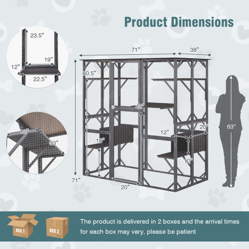 Costway Large Wooden Cat House 71" Indoor Outdoor Weatherproof Catio Kitten Enclosure
