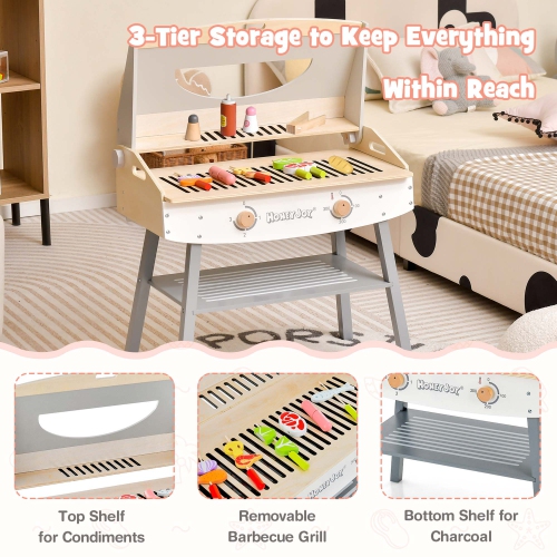 Costway Kids Barbecue Grill Playset, Wooden Kitchen Playset with Clip 4 BBQ Poles