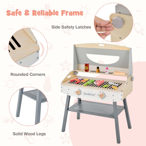 Costway Kids Barbecue Grill Playset, Wooden Kitchen Playset with Clip 4 BBQ Poles