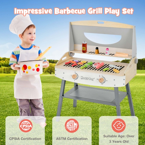 Costway Kids Barbecue Grill Playset, Wooden Kitchen Playset with Clip 4 BBQ Poles