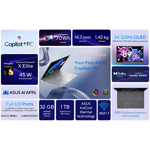 ASUS Vivobook S 15 OLED 15.6" Laptop - Cool Silver (Snapdragon X Elite/32GB RAM/1TB SSD)