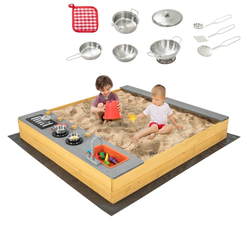 GYMAX  Kids Sandbox Outdoor Wooden Sandpit W/ Bottom Liner Creative Cooking Area