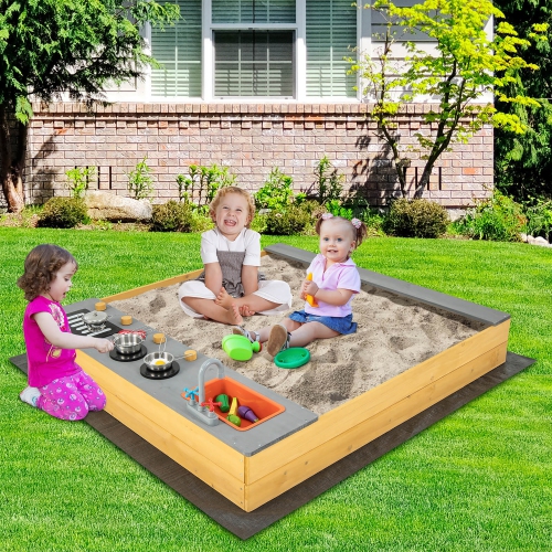 Gymax Kids Sandbox Outdoor Wooden Sandpit w/ Bottom Liner Creative Cooking Area