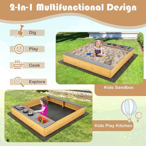 Gymax Kids Sandbox Outdoor Wooden Sandpit w/ Bottom Liner Creative Cooking Area