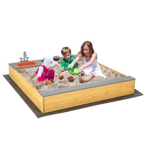 Gymax Kids Sandbox Outdoor Wooden Sandpit w/ Bottom Liner Creative Cooking Area