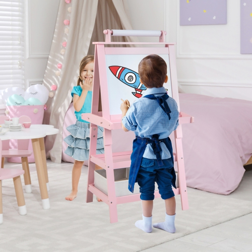 Gymax 3 in 1 Double-Sided Storage Art Easel w/Paint Cups for Kid Writing Teal Frosting Pink