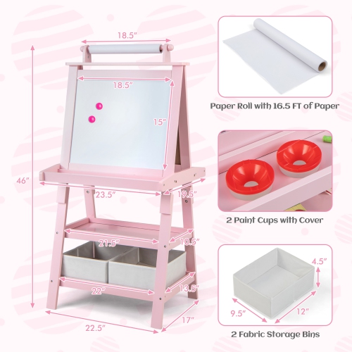 Gymax 3 in 1 Double-Sided Storage Art Easel w/Paint Cups for Kid Writing Teal Frosting Pink