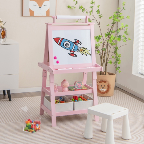 Gymax 3 in 1 Double-Sided Storage Art Easel w/Paint Cups for Kid Writing Teal Frosting Pink