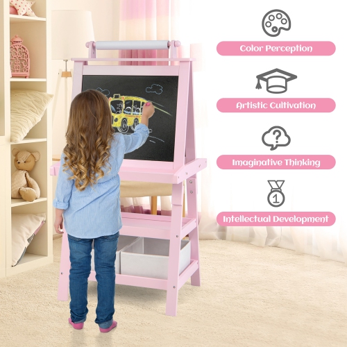 Gymax 3 in 1 Double-Sided Storage Art Easel w/Paint Cups for Kid Writing Teal Frosting Pink