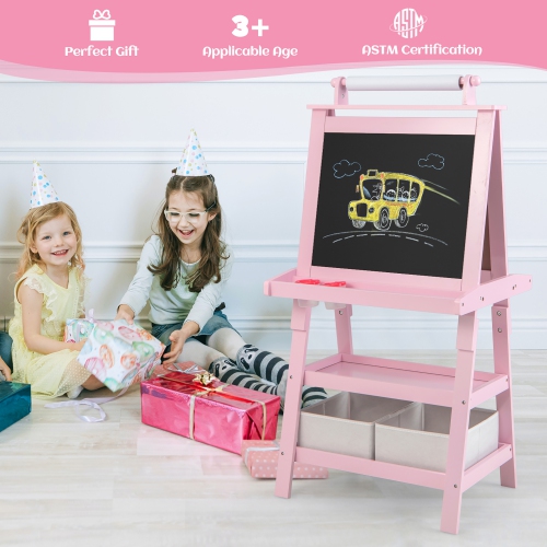 Gymax 3 in 1 Double-Sided Storage Art Easel w/Paint Cups for Kid Writing Teal Frosting Pink