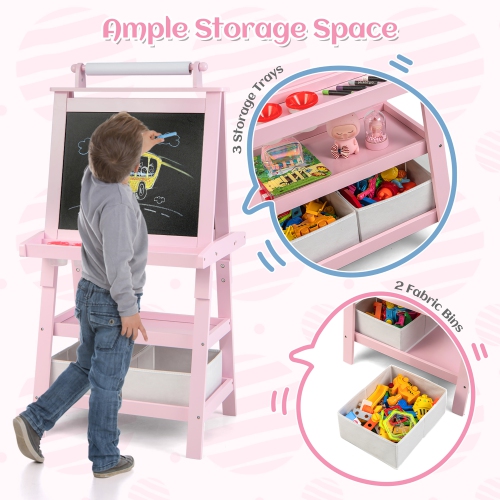 Gymax 3 in 1 Double-Sided Storage Art Easel w/Paint Cups for Kid Writing Teal Frosting Pink
