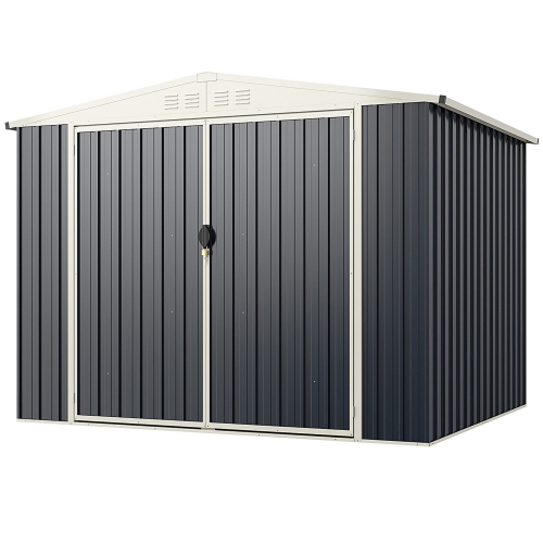 GYMAX  8 X 6.3 Ft Metal Outdoor Storage Shed W/ Lockable Door Pitched Tool Shed Roof