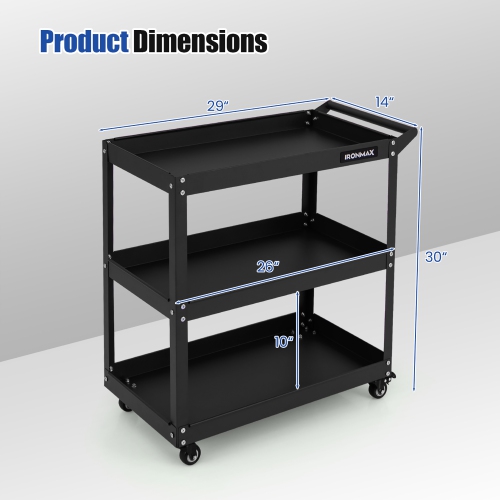 Gymax 3-Tier Rolling Tool Cart w/ 3 Spacious Shelves 4 Universal Wheels w/ 2 Brakes