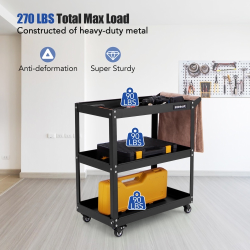Gymax 3-Tier Rolling Tool Cart w/ 3 Spacious Shelves 4 Universal Wheels w/ 2 Brakes