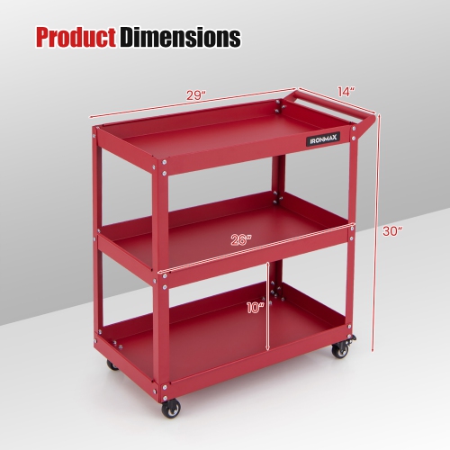 Gymax 3-Tier Rolling Tool Cart w/ 3 Spacious Shelves 4 Universal Wheels w/ 2 Brakes