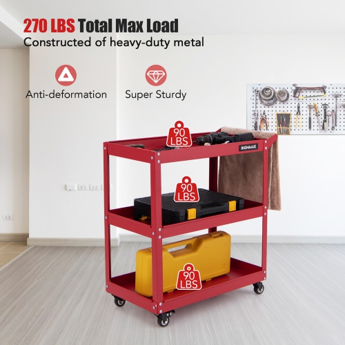 Gymax 3-Tier Rolling Tool Cart w/ 3 Spacious Shelves 4 Universal Wheels w/ 2 Brakes