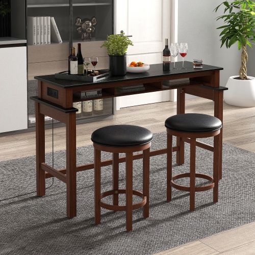 Gymax 3-Piece Home Bar Set Counter Height Bar Table w/ 2 Upholstered Bar Stools Black & Walnut