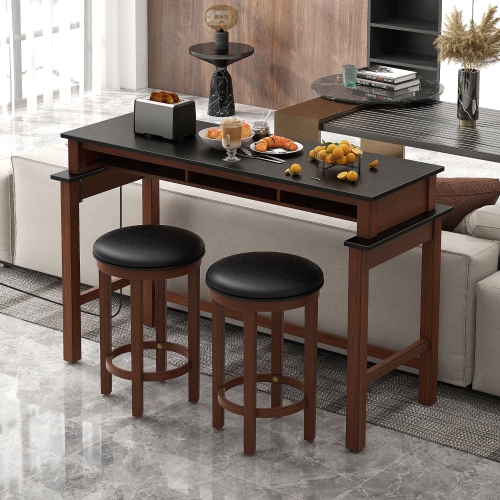 Gymax 3-Piece Home Bar Set Counter Height Bar Table w/ 2 Upholstered Bar Stools Black & Walnut