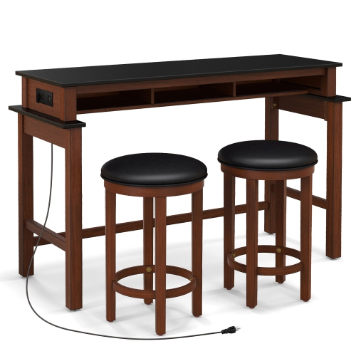 Gymax 3-Piece Home Bar Set Counter Height Bar Table w/ 2 Upholstered Bar Stools Black & Walnut