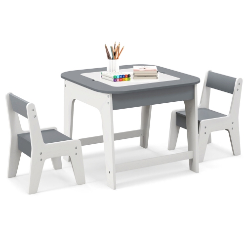 Gymax 3-in-1 Kids Wooden Table & 2 Chairs Set w/ Storage Detachable Blackboard Drawing