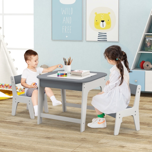 Gymax 3-in-1 Kids Wooden Table & 2 Chairs Set w/ Storage Detachable Blackboard Drawing