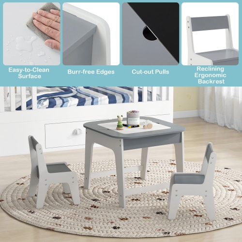 Gymax 3-in-1 Kids Wooden Table & 2 Chairs Set w/ Storage Detachable Blackboard Drawing