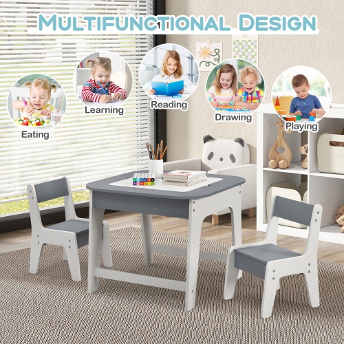 Gymax 3-in-1 Kids Wooden Table & 2 Chairs Set w/ Storage Detachable Blackboard Drawing