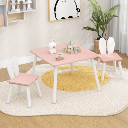 Gymax 3 Pieces Kids Table & Chairs Set Children Wooden Furniture Set w/ Solid Wood Legs Pink