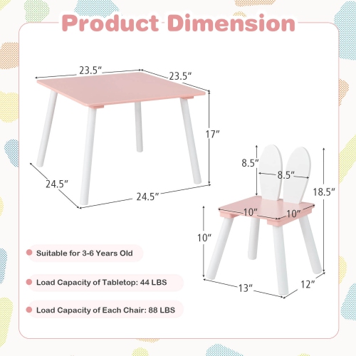 Gymax 3 Pieces Kids Table & Chairs Set Children Wooden Furniture Set w/ Solid Wood Legs Pink