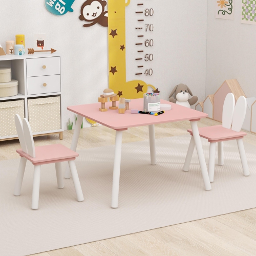 Gymax 3 Pieces Kids Table & Chairs Set Children Wooden Furniture Set w/ Solid Wood Legs Pink