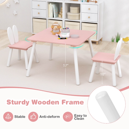 Gymax 3 Pieces Kids Table & Chairs Set Children Wooden Furniture Set w/ Solid Wood Legs Pink