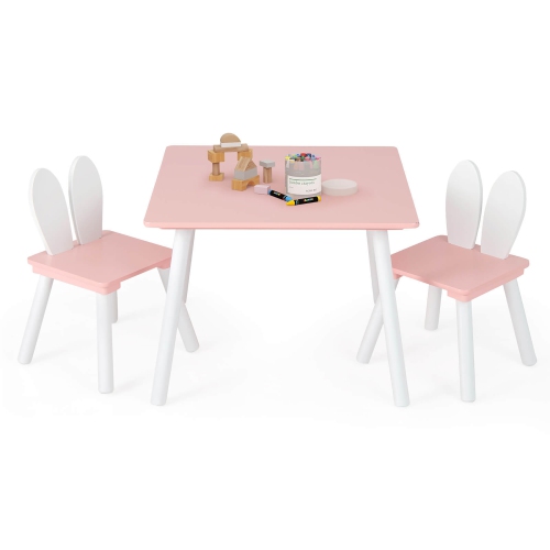 Gymax 3 Pieces Kids Table & Chairs Set Children Wooden Furniture Set w/ Solid Wood Legs Pink