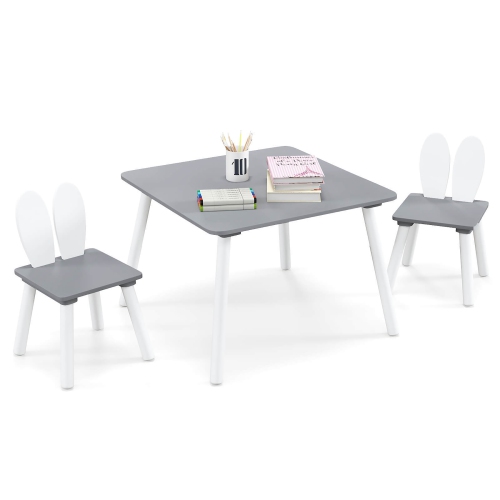 GYMAX  3 Pieces Kids Table & Chairs Set Children Wooden Furniture Set W/ Solid Wood Legs In Gray